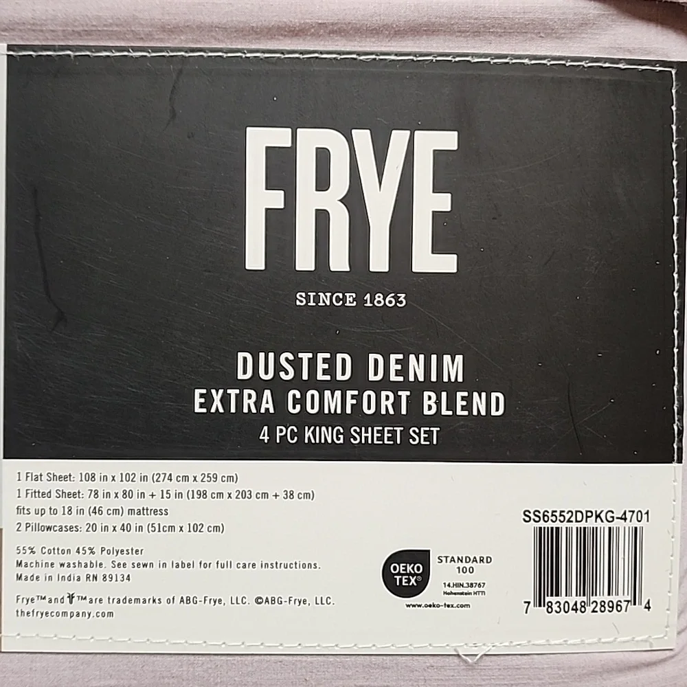 Frye Dusted Denim Extra Comfort Blend 4 Piece King Sheet Set In Soft Pink - New